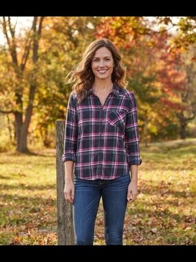 PAIGE Pink and Black Plaid Button-Down Shirt